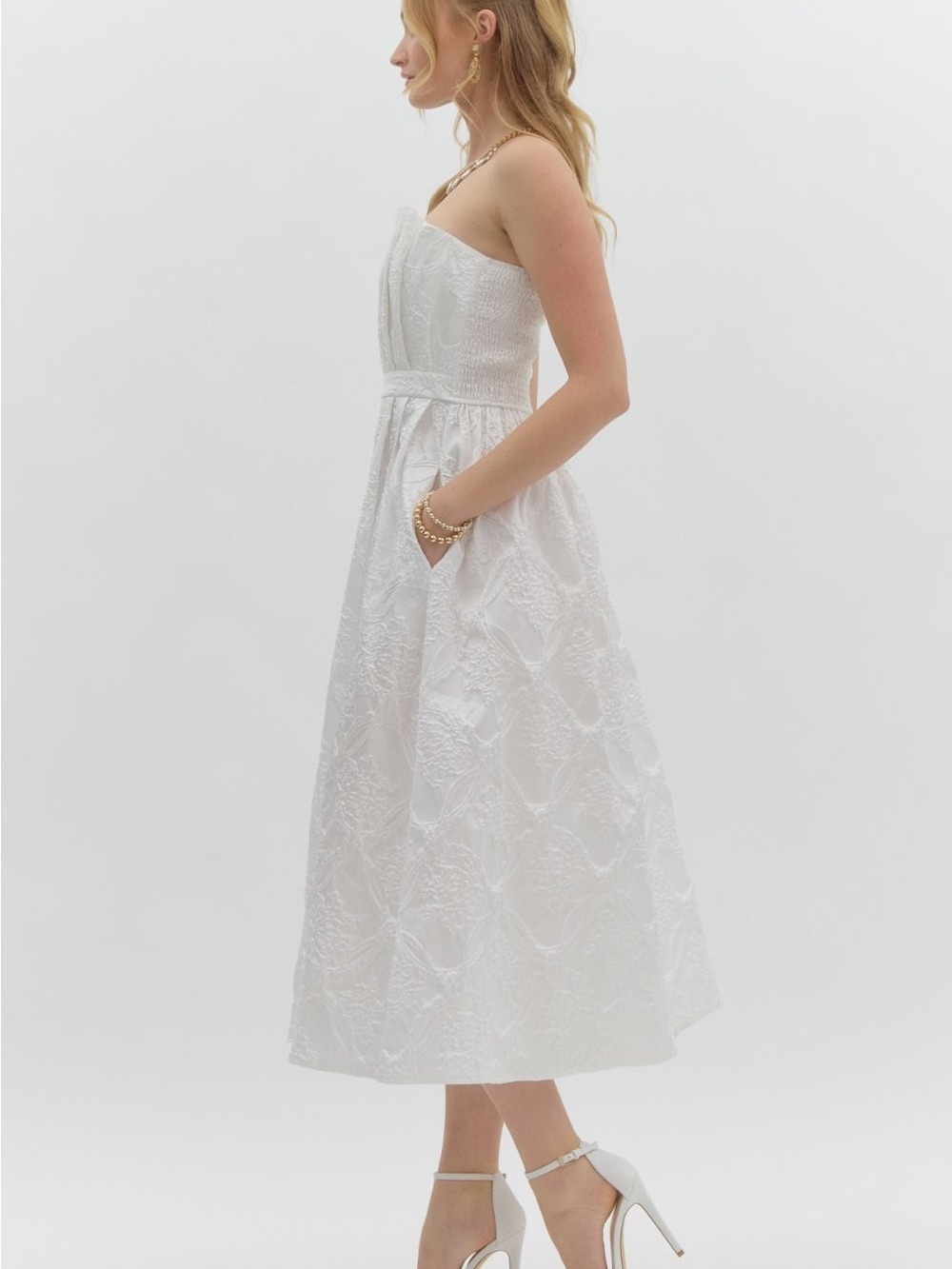 Strapless White Lace Midi Dress - Picture 6 of 7